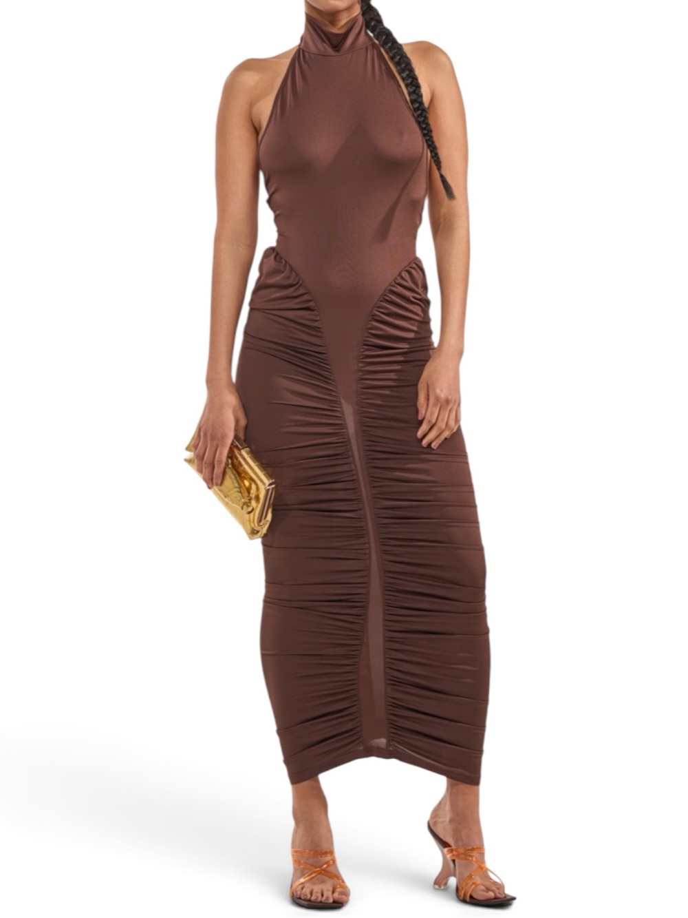 NWT AKIRA Brown Halter Ruched Maxi Dress